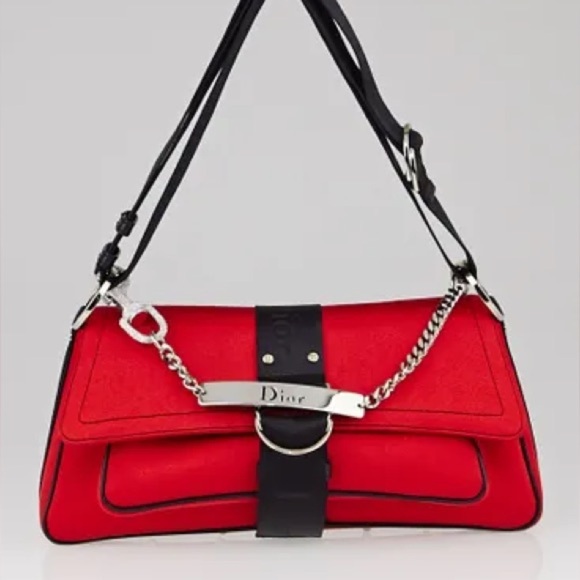 Vintage Rare CHRISTIAN DIOR Rouge Red Black Fabric Hardcore Shoulder Bag - Picture 1 of 16